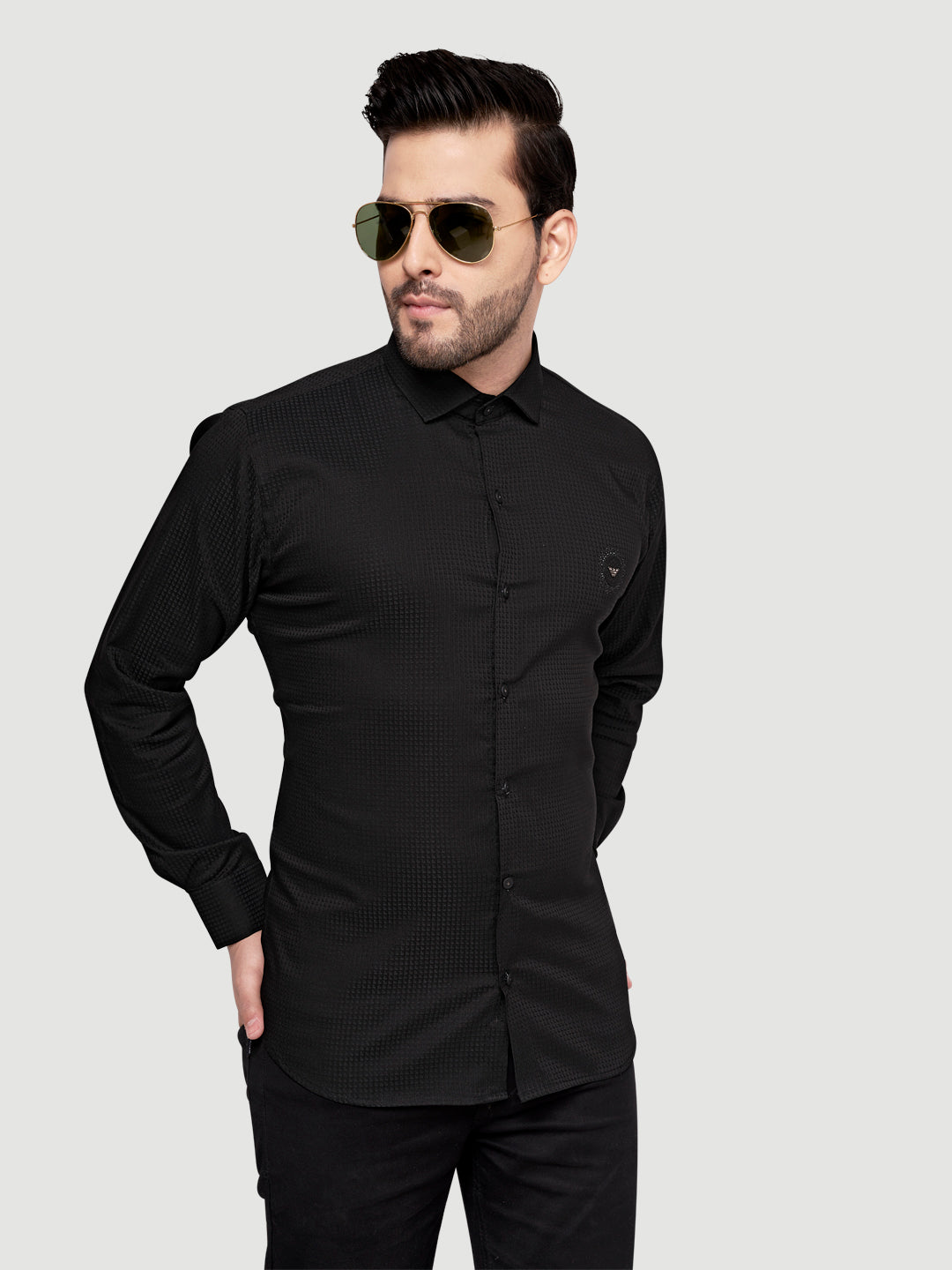 Black and white shirts Men's Designer Shirt with textured dobby fabric & Patch Black