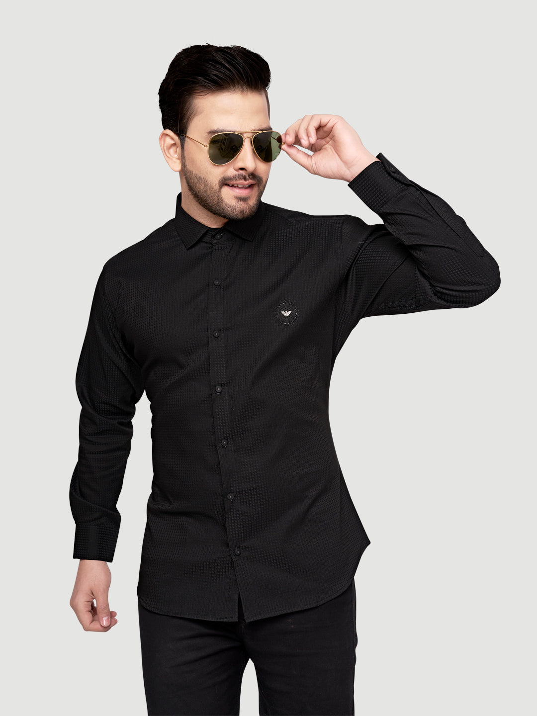 Black and white shirts Men's Designer Shirt with textured dobby fabric & Patch Black
