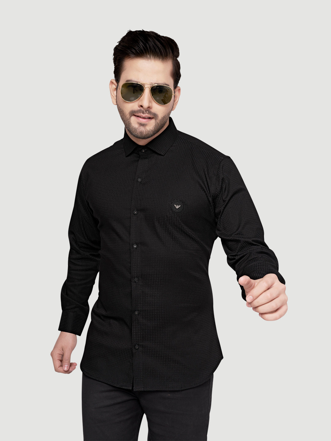Black and white shirts Men's Designer Shirt with textured dobby fabric & Patch Black