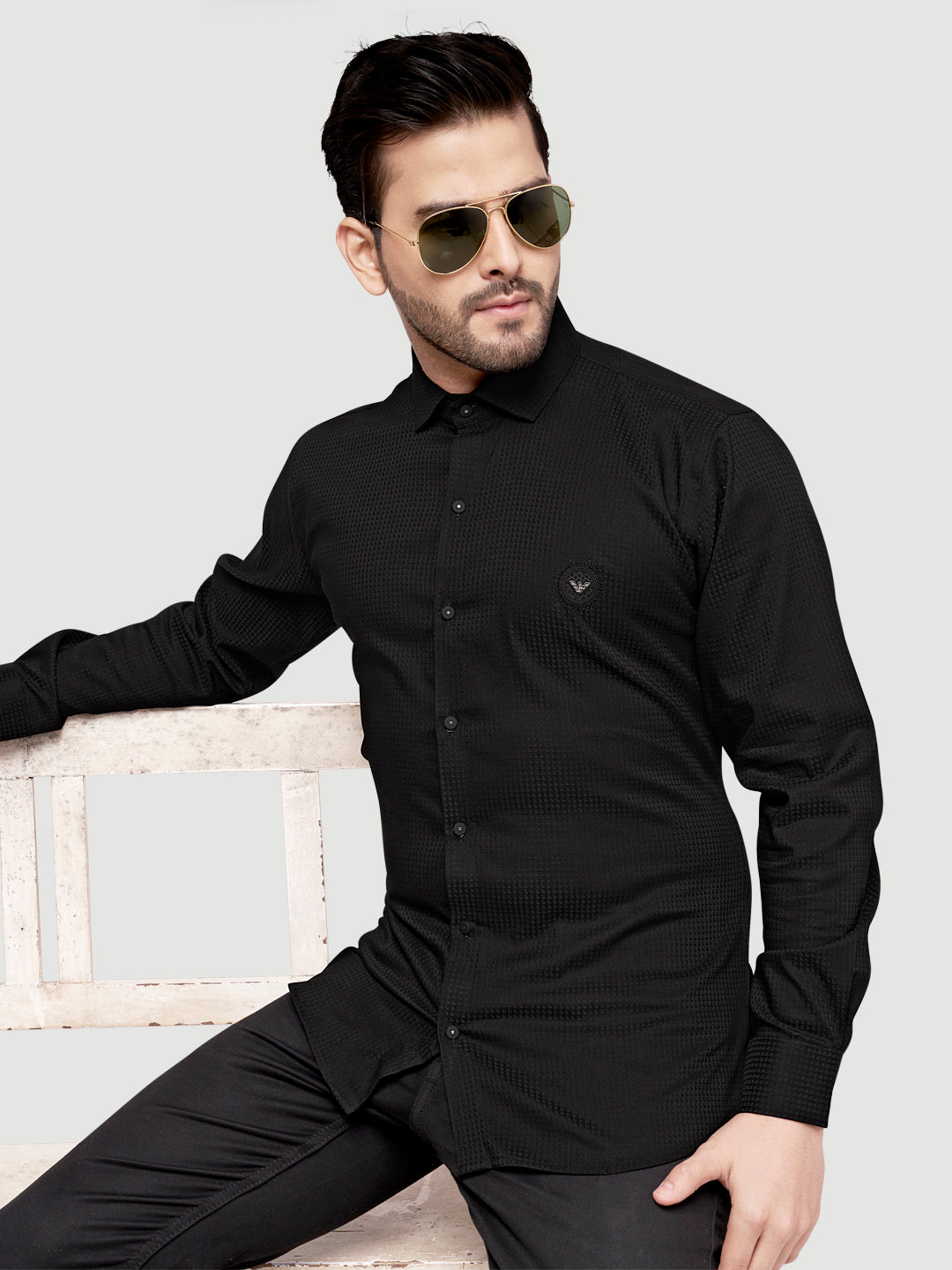 Black and white shirts Men's Designer Shirt with textured dobby fabric & Patch Black