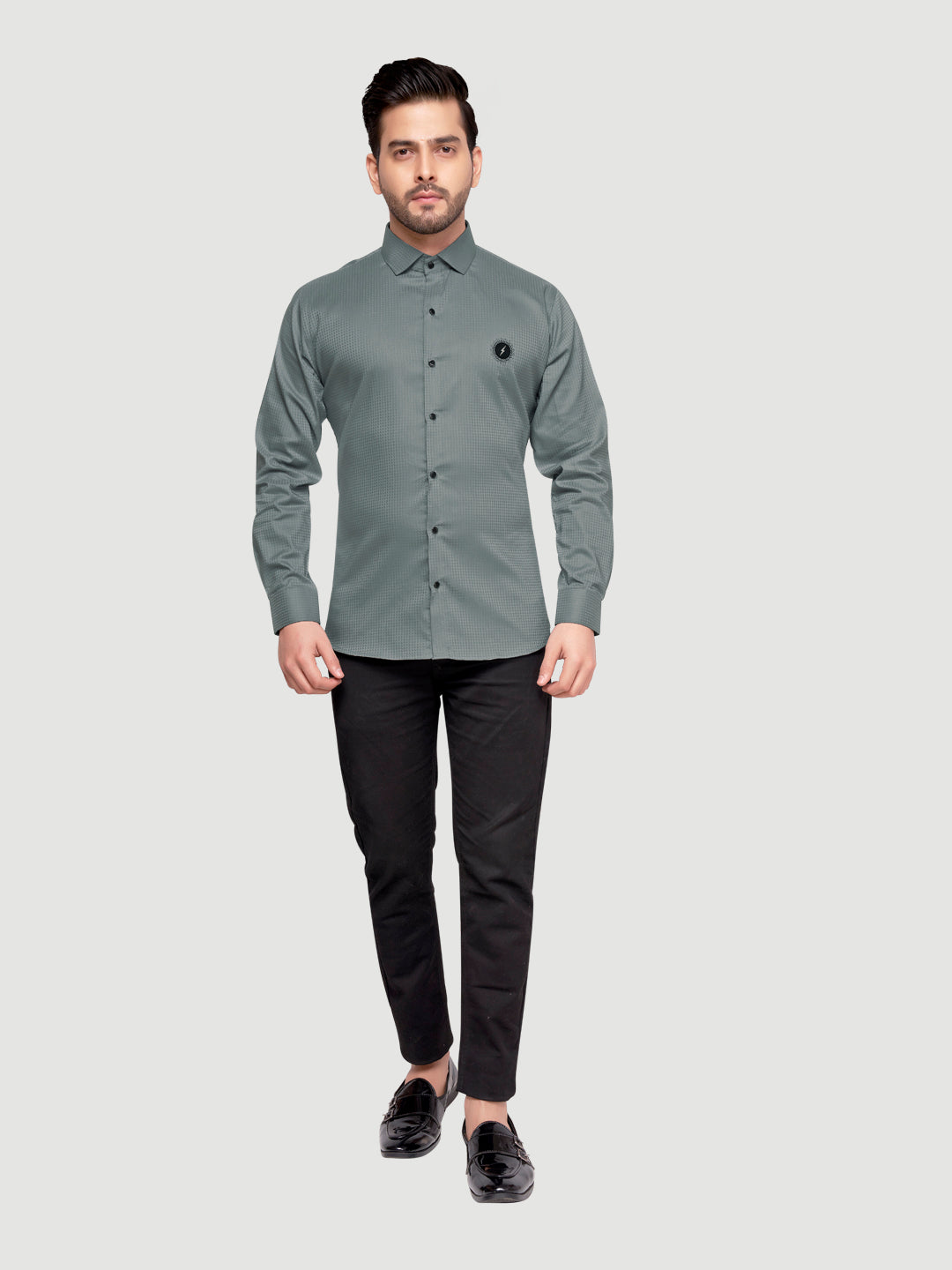 Black and white shirts Men's Designer Shirt with textured dobby fabric & Patch Comet Grey