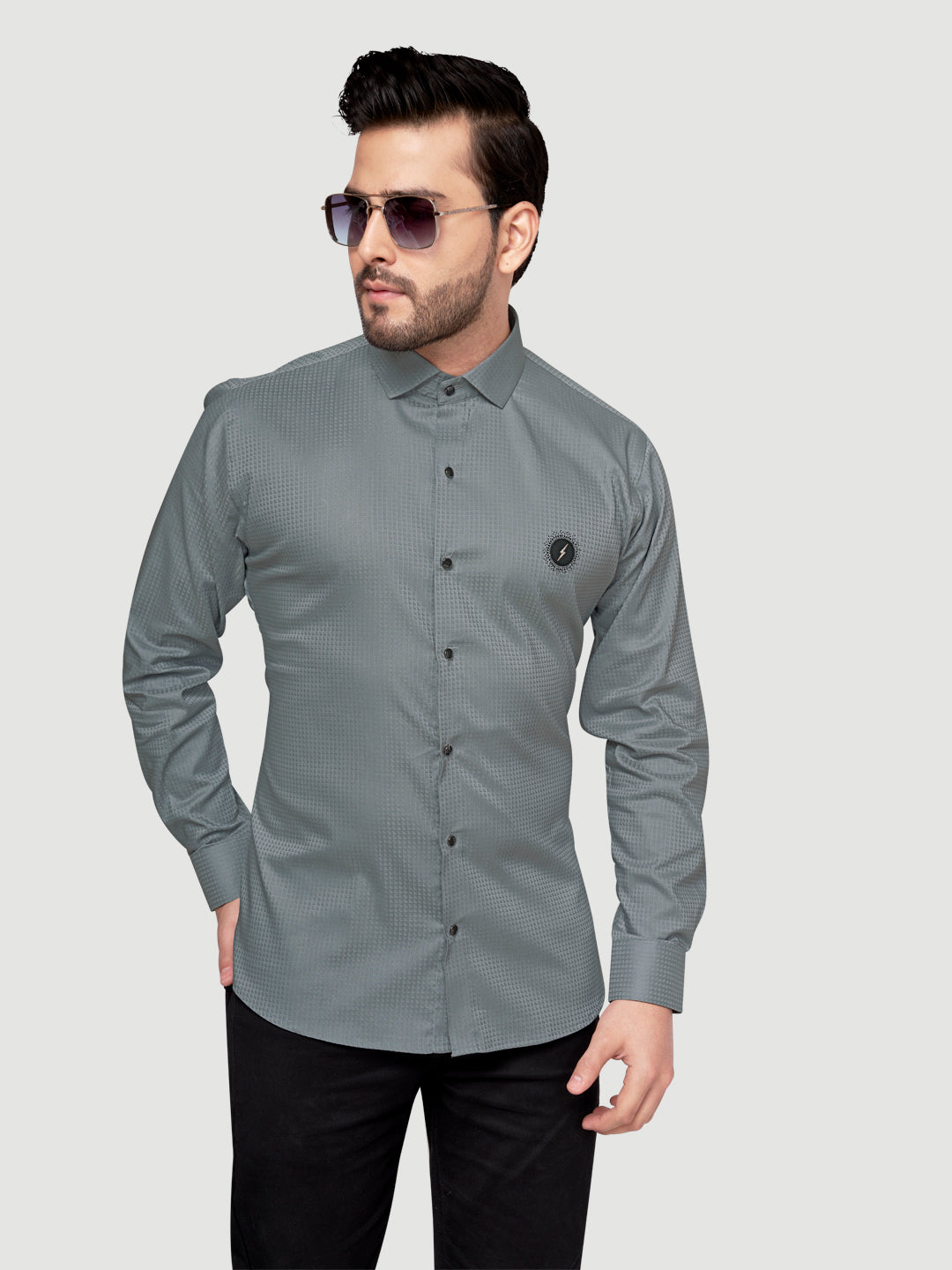 Black and white shirts Men's Designer Shirt with textured dobby fabric & Patch Comet Grey