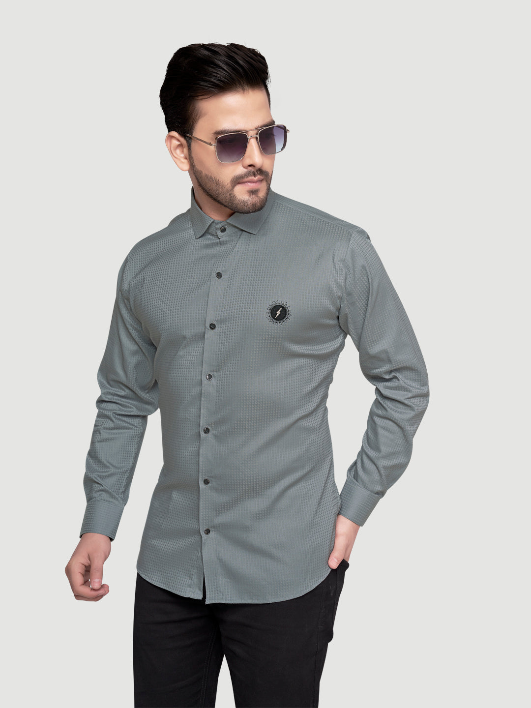 Black and white shirts Men's Designer Shirt with textured dobby fabric & Patch Comet Grey