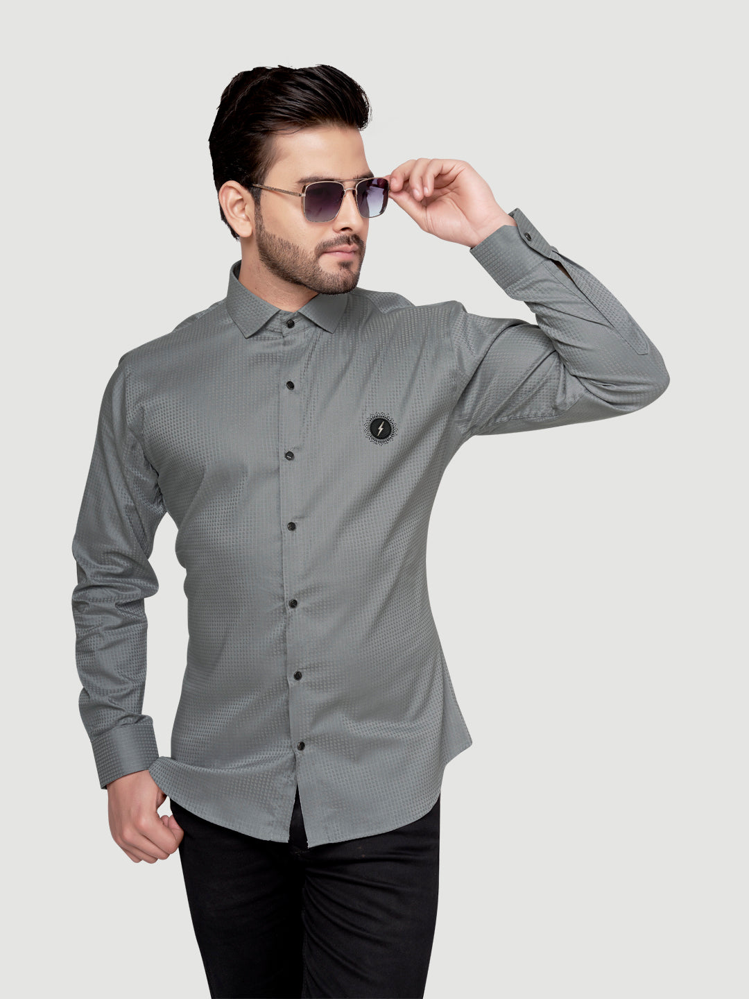 Black and white shirts Men's Designer Shirt with textured dobby fabric & Patch Comet Grey