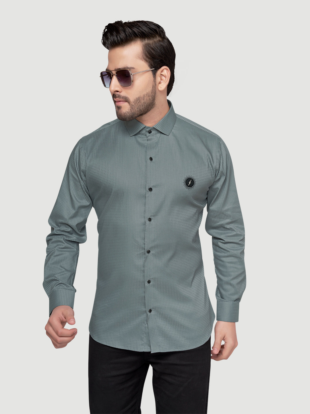 Black and white shirts Men's Designer Shirt with textured dobby fabric & Patch Comet Grey