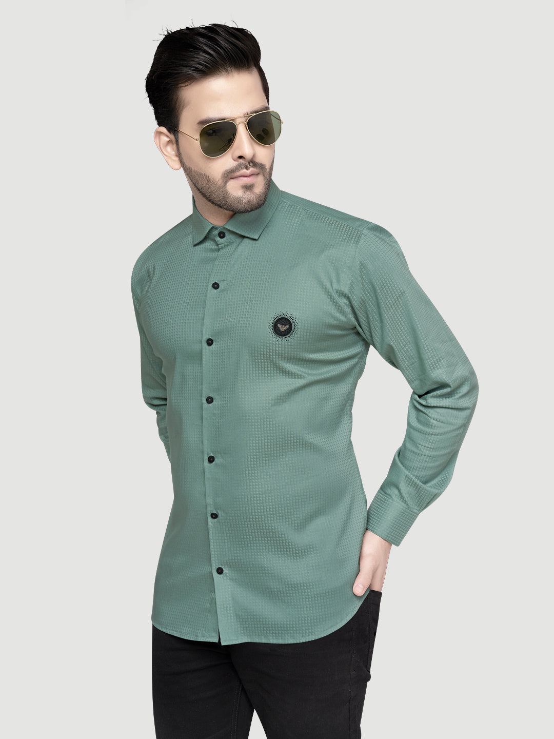 Black and white shirts Men's Designer Shirt with textured dobby fabric & Patch Teal Green