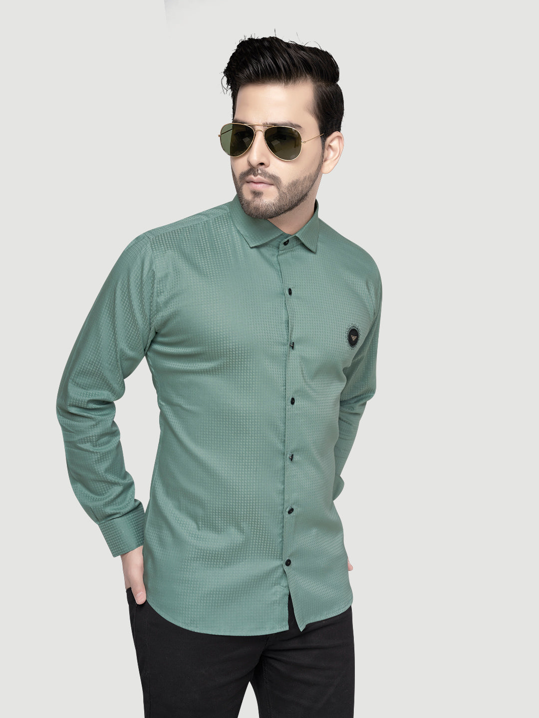 Black and white shirts Men's Designer Shirt with textured dobby fabric & Patch Teal Green
