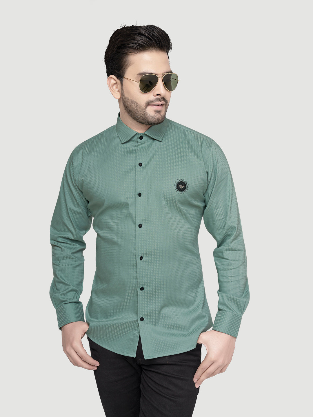 Black and white shirts Men's Designer Shirt with textured dobby fabric & Patch Teal Green