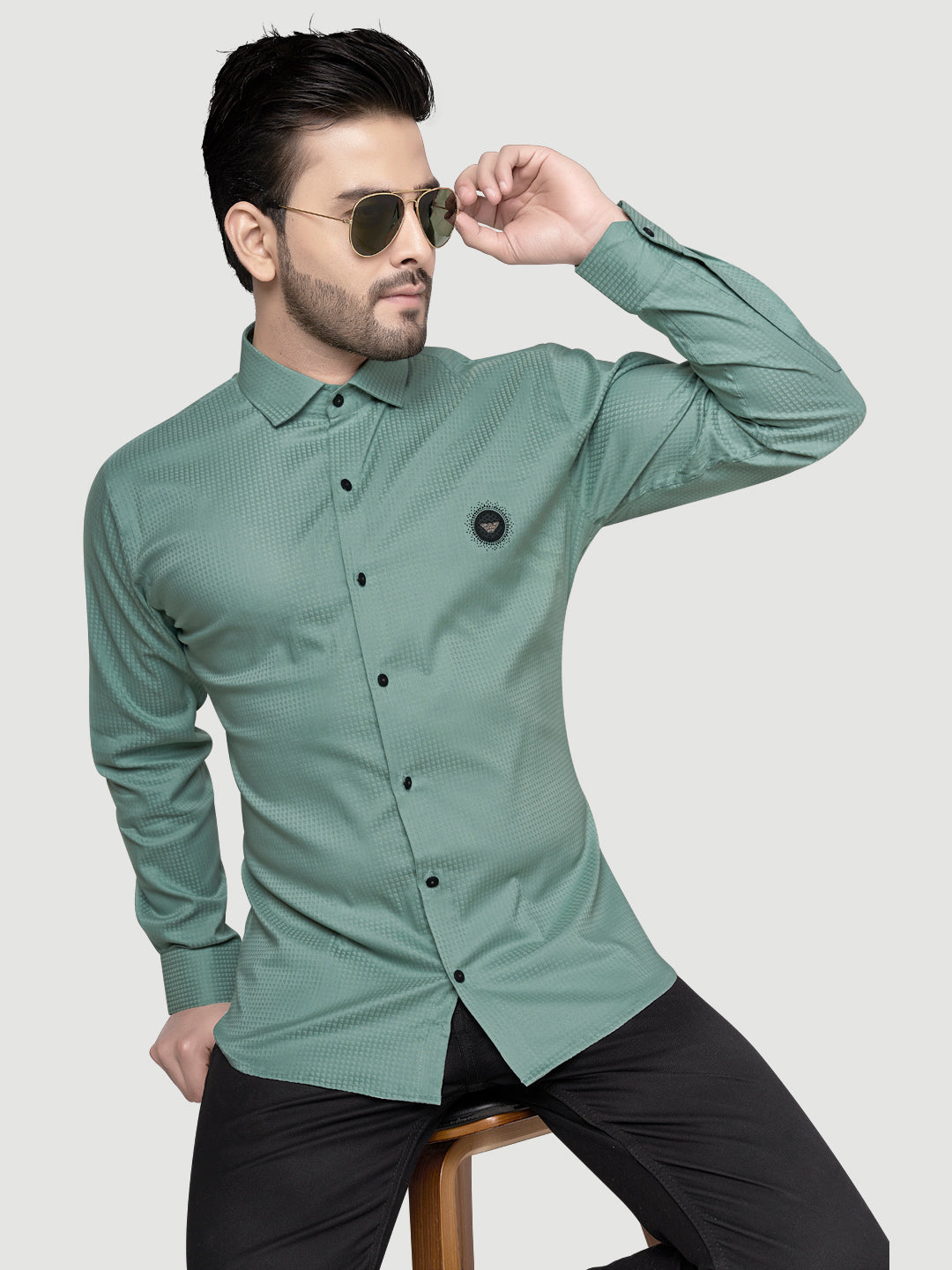 Black and white shirts Men's Designer Shirt with textured dobby fabric & Patch Teal Green