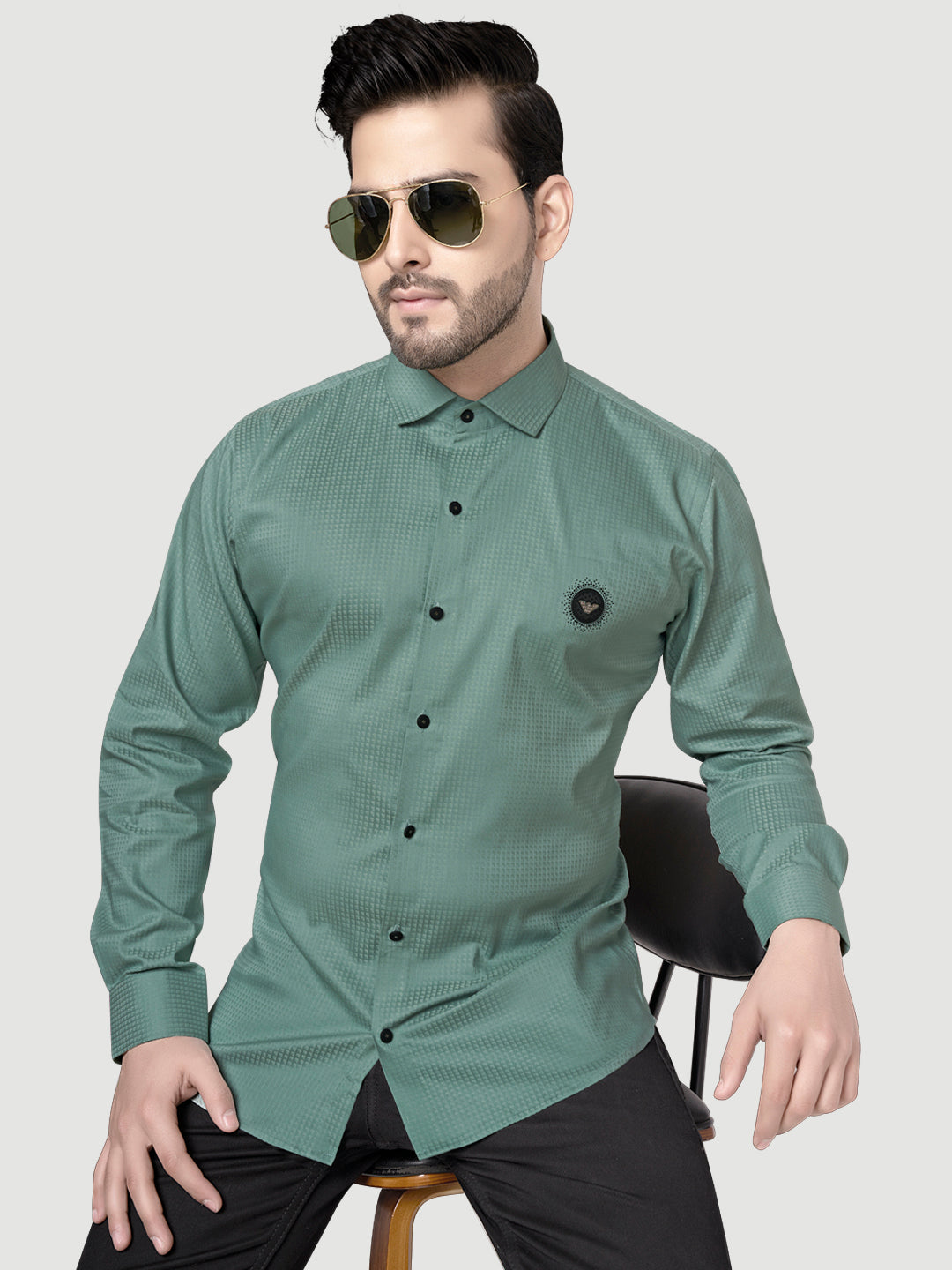 Black and white shirts Men's Designer Shirt with textured dobby fabric & Patch Teal Green