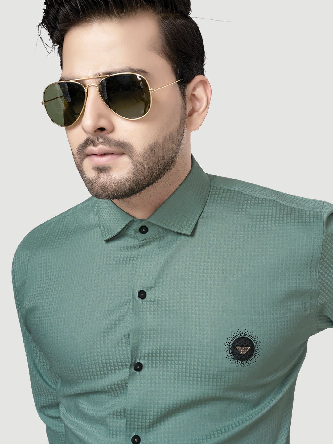 Black and white shirts Men's Designer Shirt with textured dobby fabric & Patch Teal Green