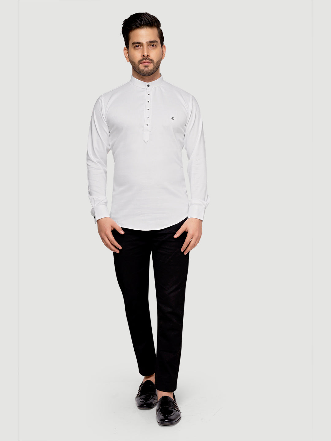 Black and White Shirts Men's Designer Short Kurta with Metal Buttons White