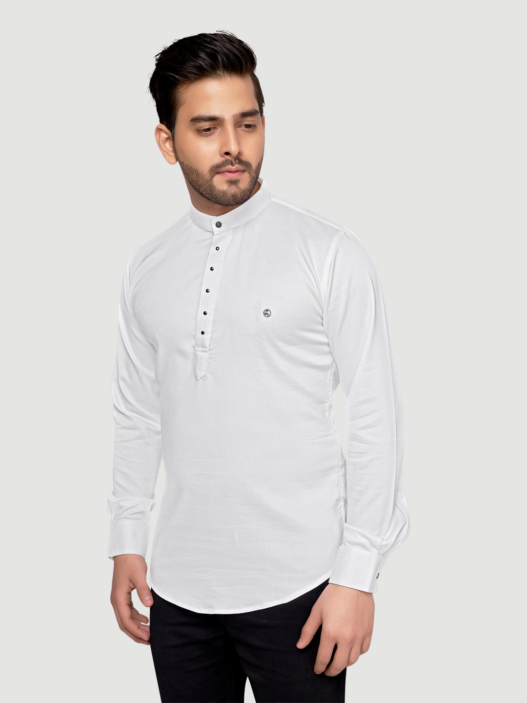 Black and White Shirts Men's Designer Short Kurta with Metal Buttons White