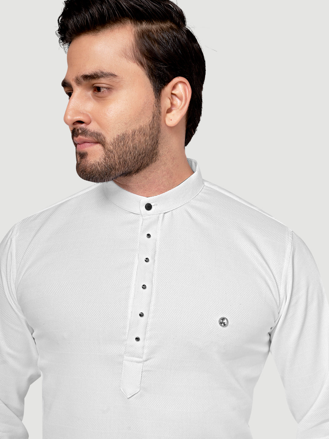 Black and White Shirts Men's Designer Short Kurta with Metal Buttons White