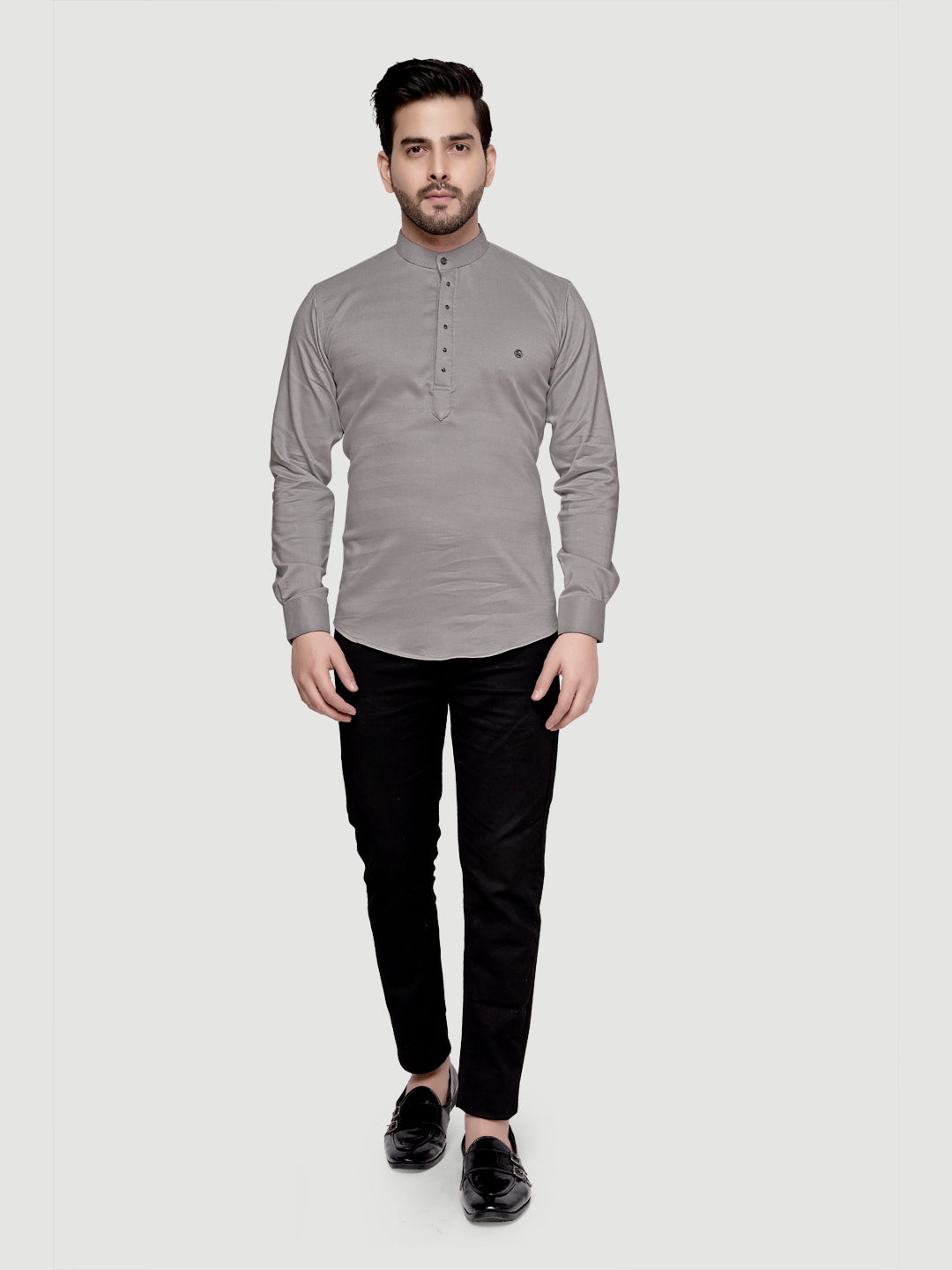 Black and White Shirts Men's Designer Short Kurta with Metal Buttons Light Grey