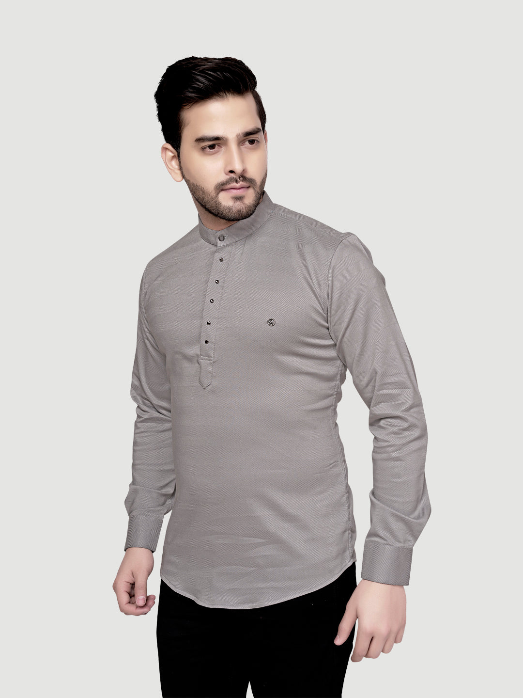 Black and White Shirts Men's Designer Short Kurta with Metal Buttons Light Grey