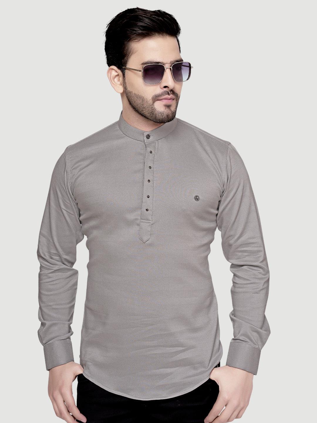 Black and White Shirts Men's Designer Short Kurta with Metal Buttons Light Grey