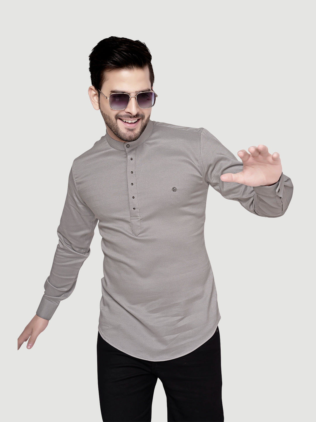 Black and White Shirts Men's Designer Short Kurta with Metal Buttons Light Grey