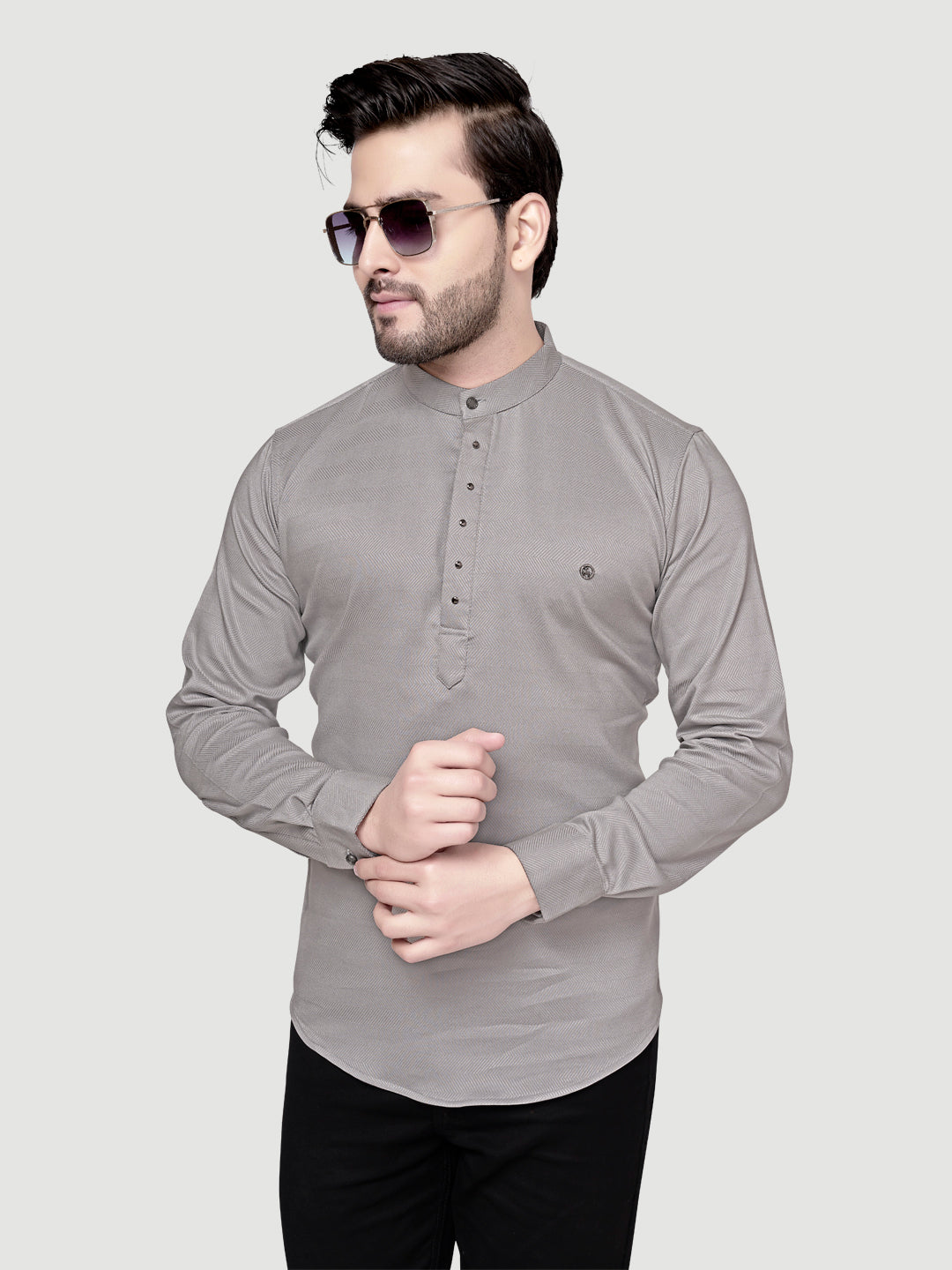 Black and White Shirts Men's Designer Short Kurta with Metal Buttons Light Grey