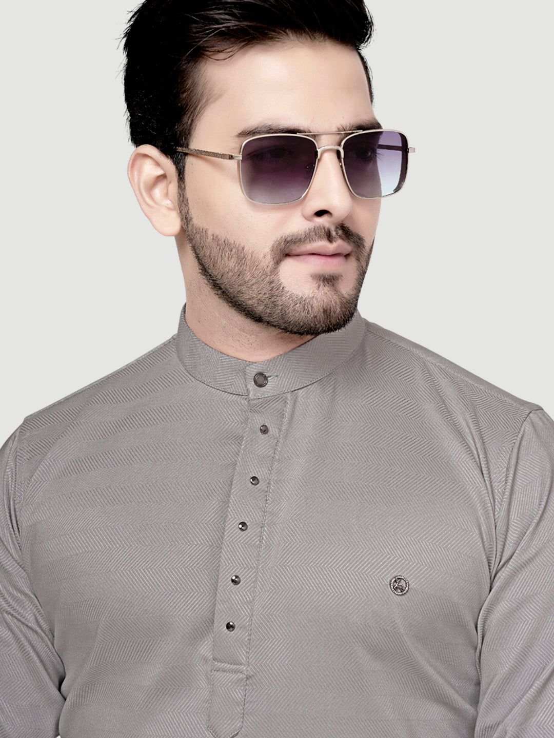 Black and White Shirts Men's Designer Short Kurta with Metal Buttons Light Grey