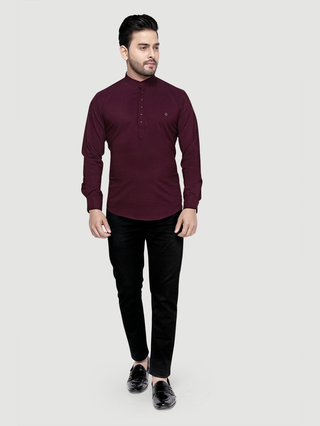 Black and White Shirts Men's Designer Short Kurta with Metal Buttons Wine