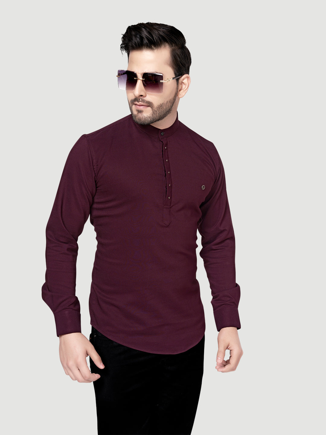 Black and White Shirts Men's Designer Short Kurta with Metal Buttons Wine