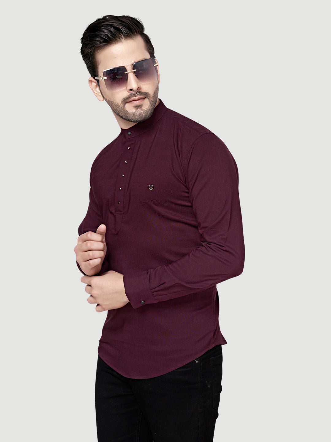 Black and White Shirts Men's Designer Short Kurta with Metal Buttons Wine