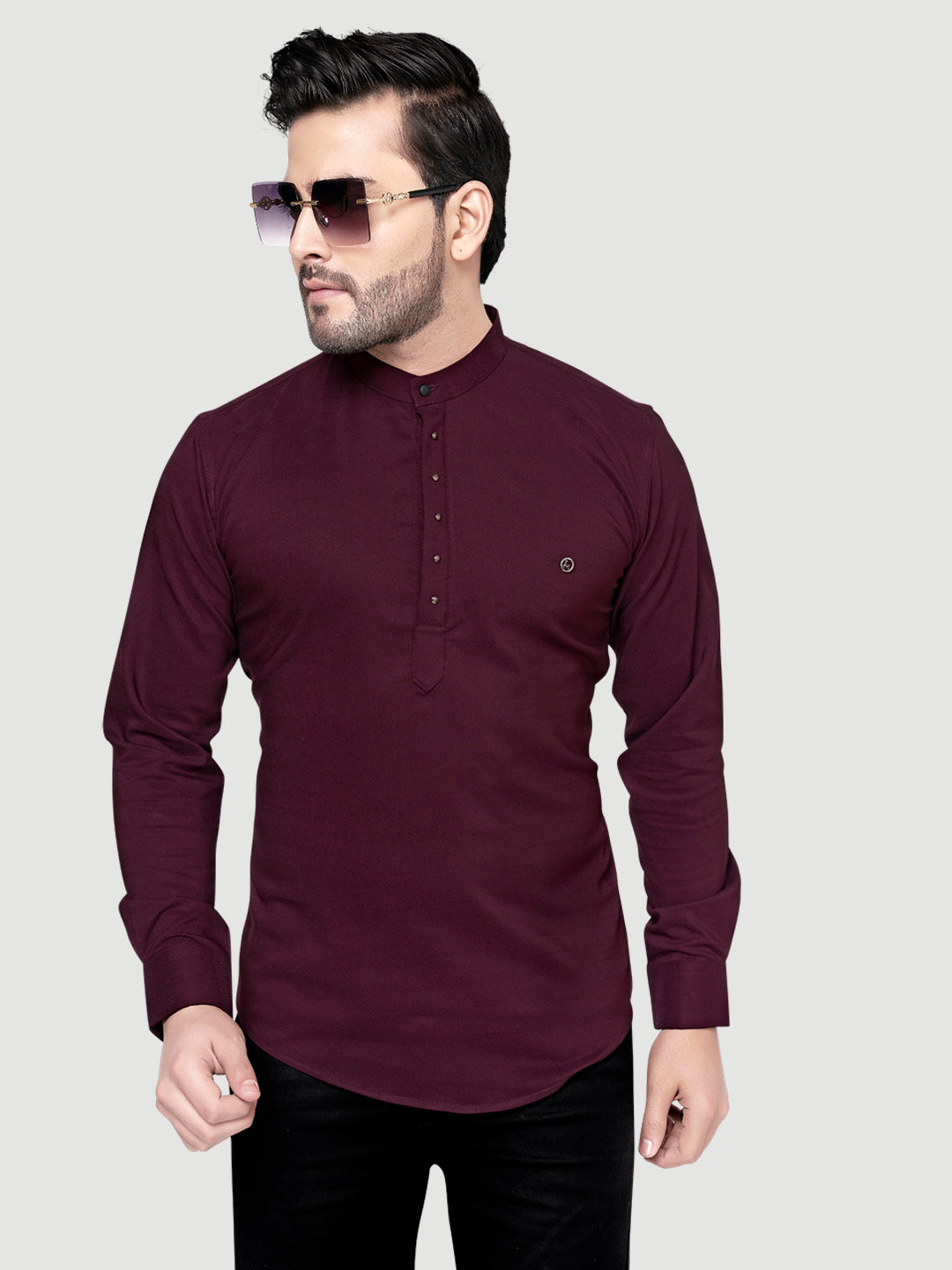 Black and White Shirts Men's Designer Short Kurta with Metal Buttons Wine