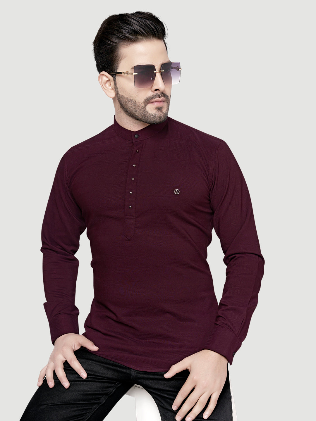 Black and White Shirts Men's Designer Short Kurta with Metal Buttons Wine