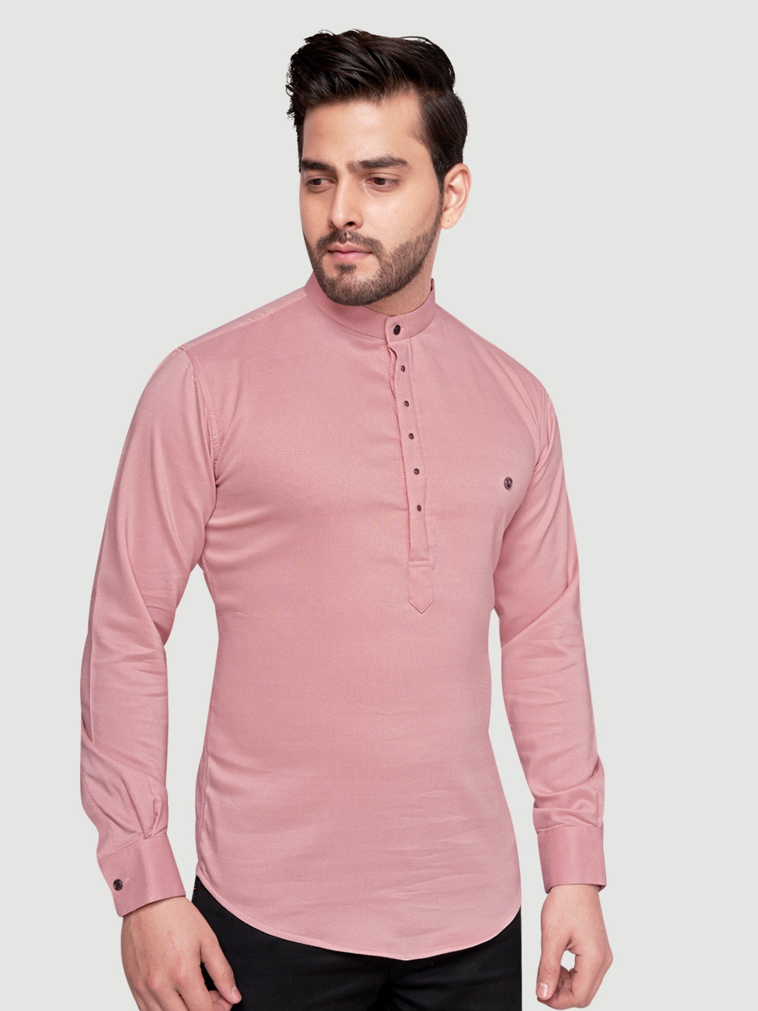 Black and White Shirts Men's Designer Short Kurta with Metal Buttons Salmon Pink