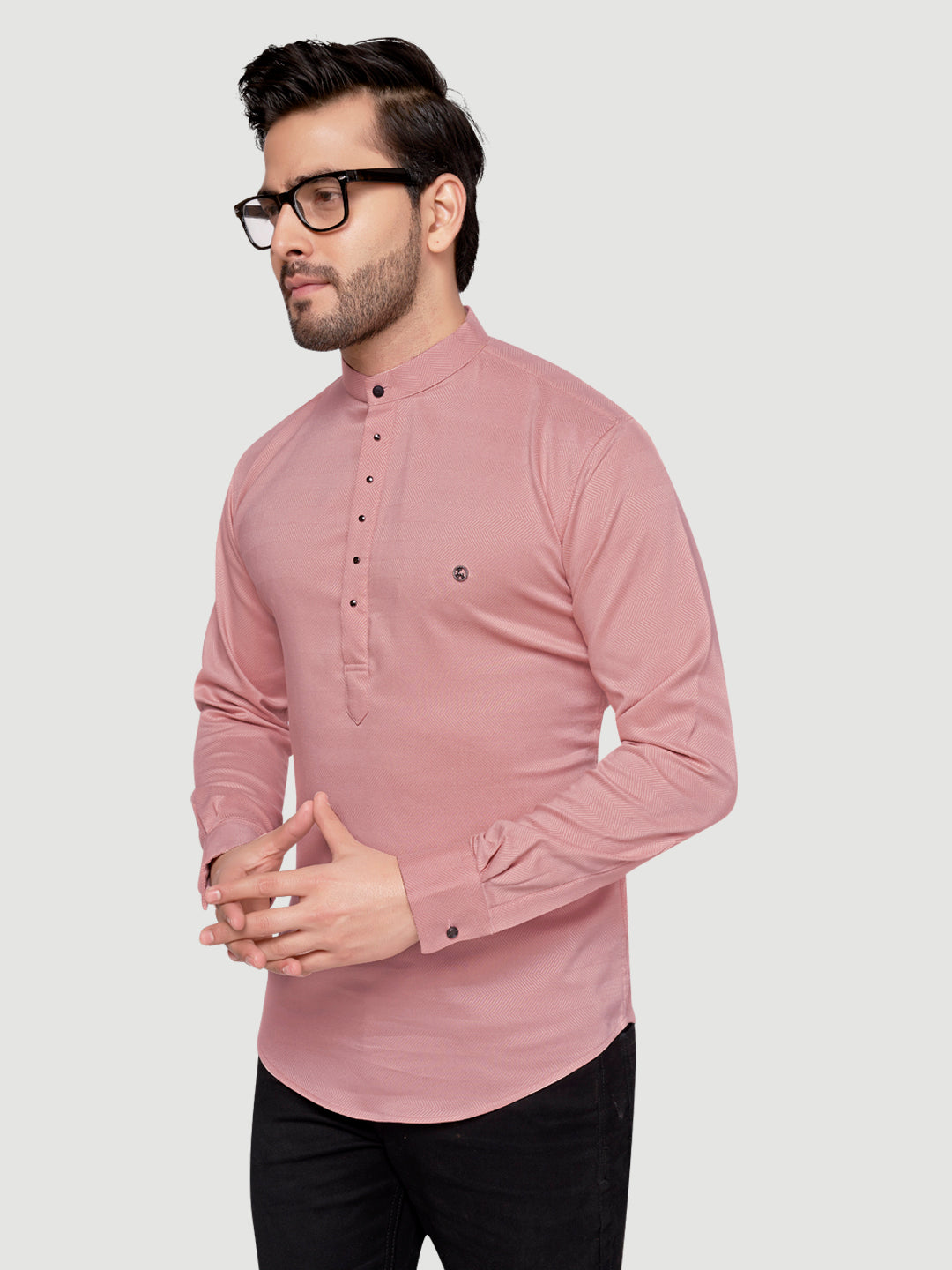 Black and White Shirts Men's Designer Short Kurta with Metal Buttons Salmon Pink