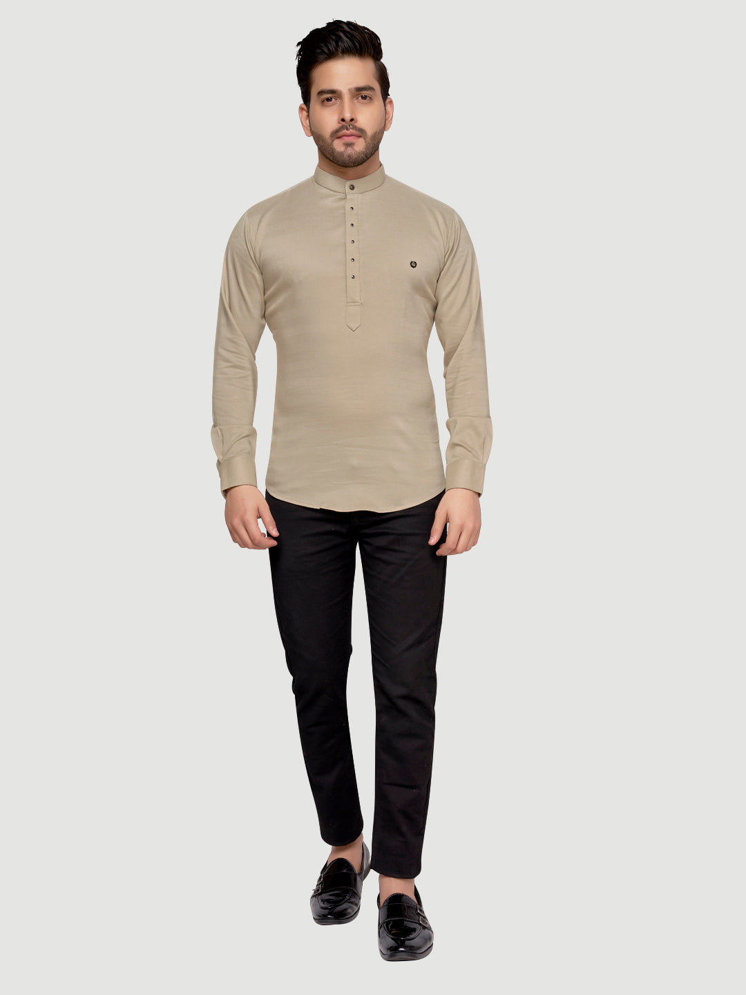 Black and White Shirts Men's Designer Short Kurta with Metal Buttons Light Lemon