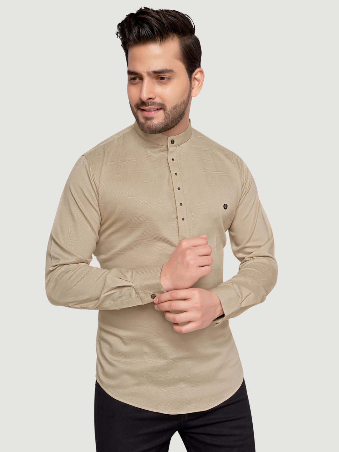 Black and White Shirts Men's Designer Short Kurta with Metal Buttons Light Lemon