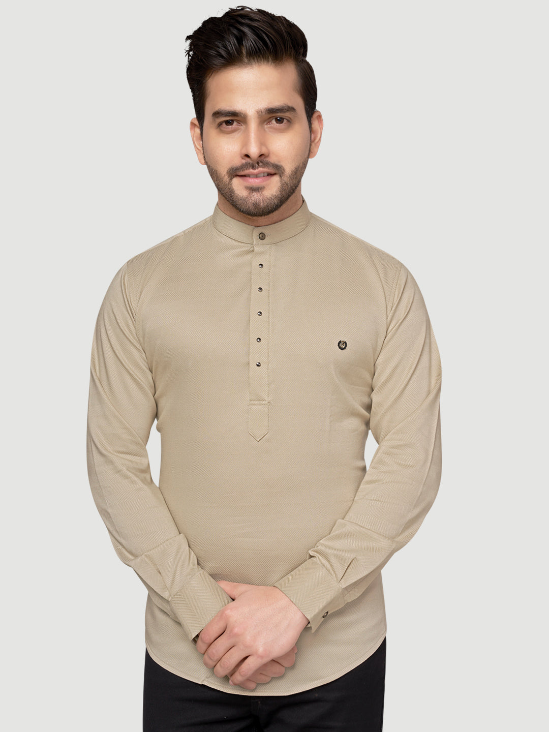 Black and White Shirts Men's Designer Short Kurta with Metal Buttons Light Lemon