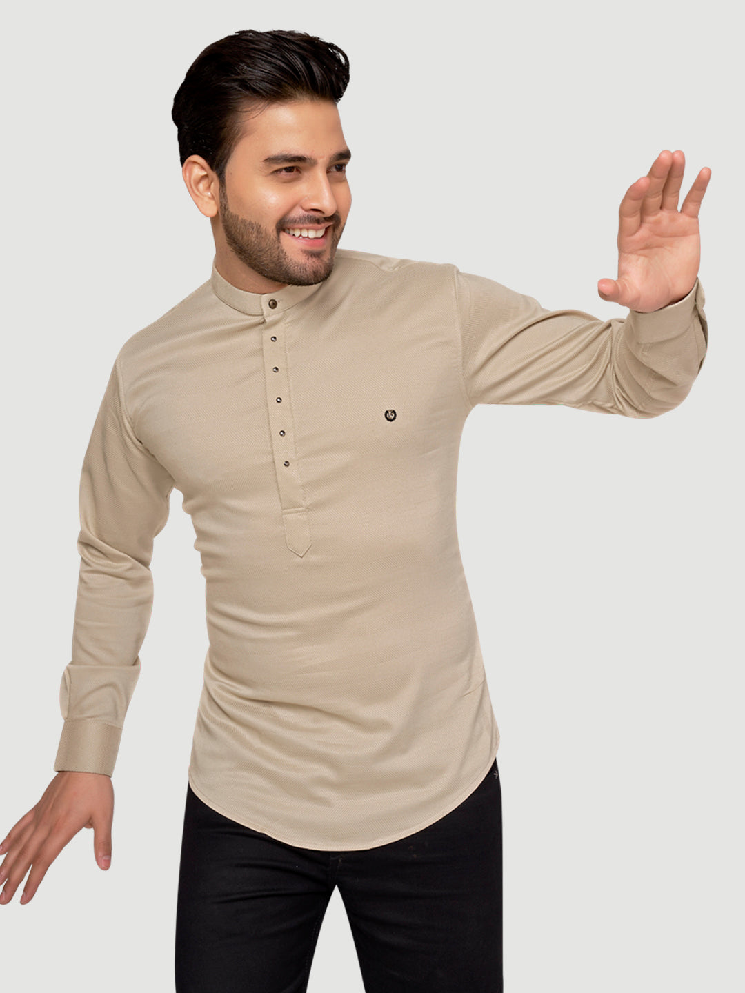 Black and White Shirts Men's Designer Short Kurta with Metal Buttons Light Lemon