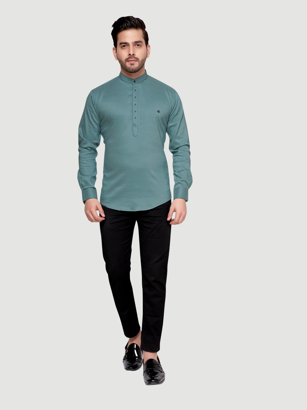 Black and White Shirts Men's Designer Short Kurta with Metal Buttons Glade Green