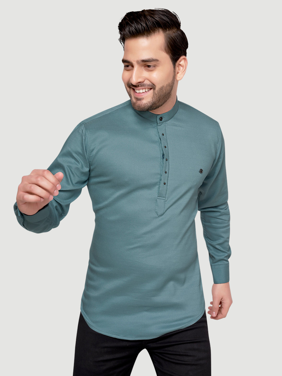 Black and White Shirts Men's Designer Short Kurta with Metal Buttons Glade Green
