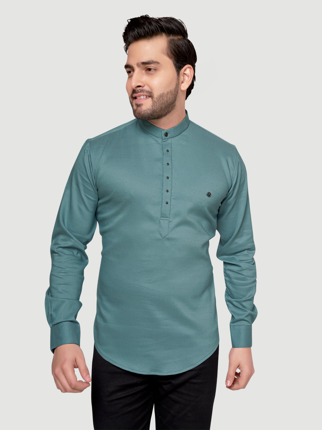 Black and White Shirts Men's Designer Short Kurta with Metal Buttons Glade Green