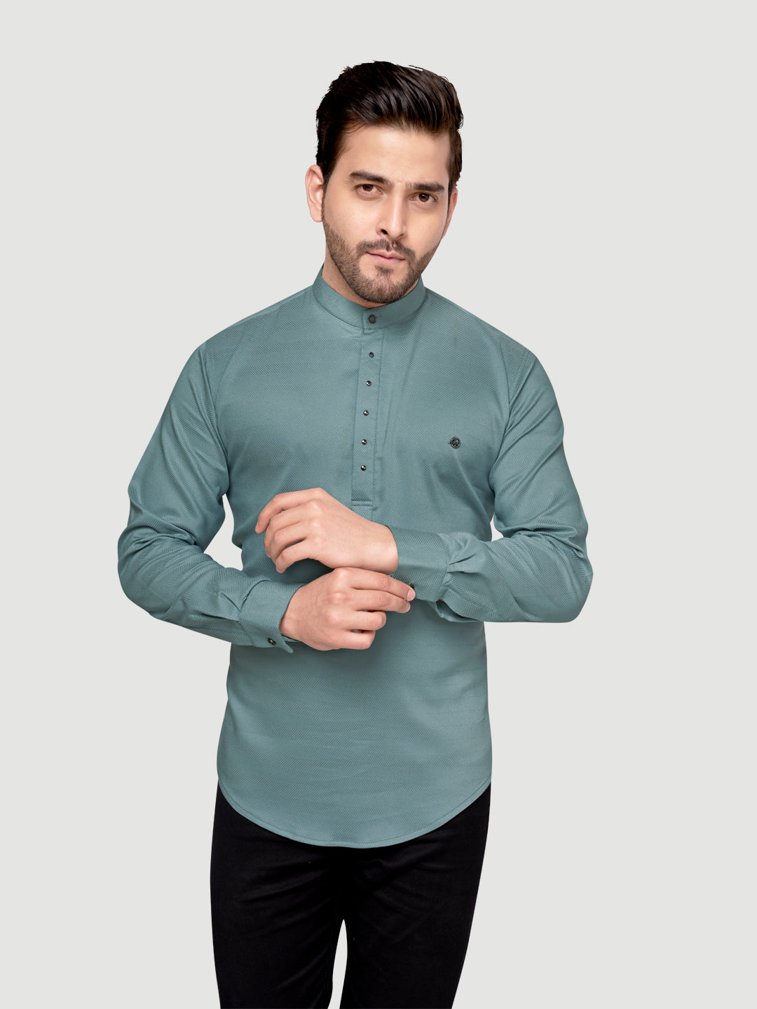 Black and White Shirts Men's Designer Short Kurta with Metal Buttons Glade Green