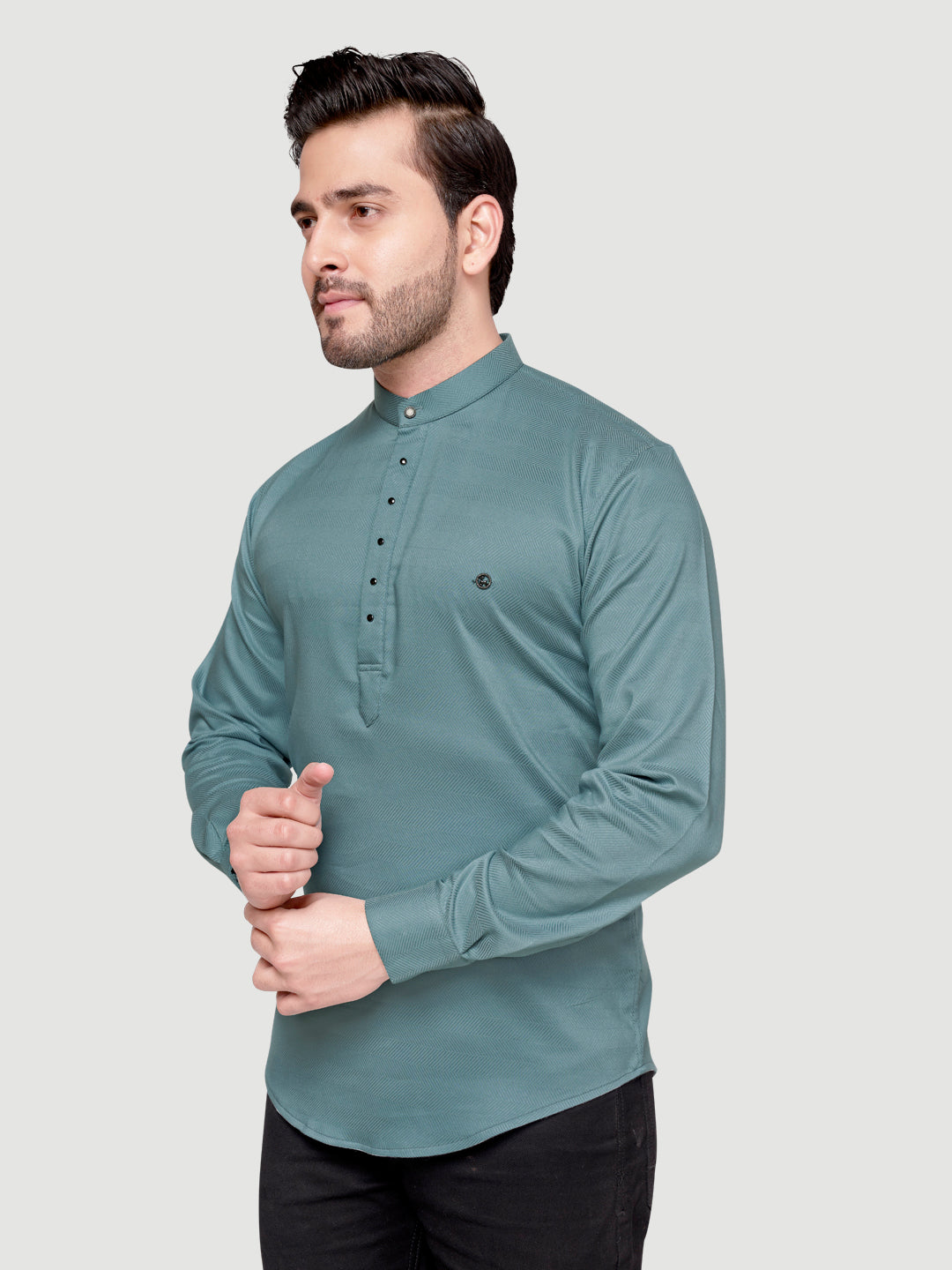 Black and White Shirts Men's Designer Short Kurta with Metal Buttons Glade Green
