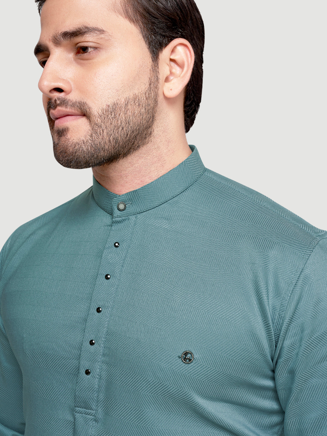 Black and White Shirts Men's Designer Short Kurta with Metal Buttons Glade Green