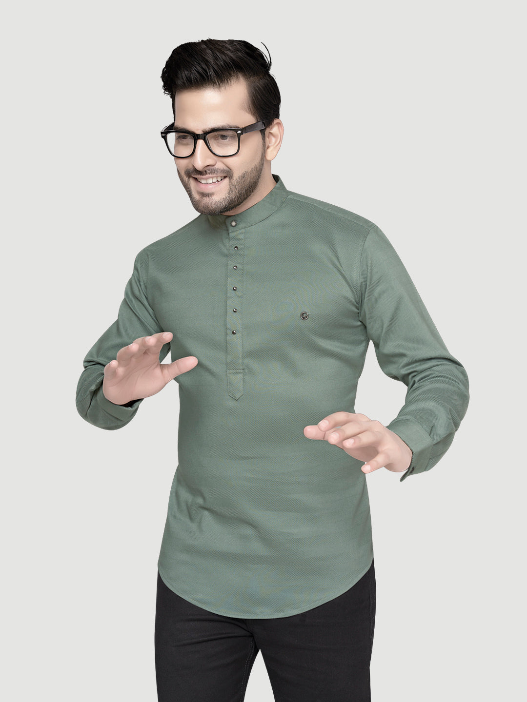 Black and White Shirts Men's Designer Short Kurta with Metal Buttons Teal Green