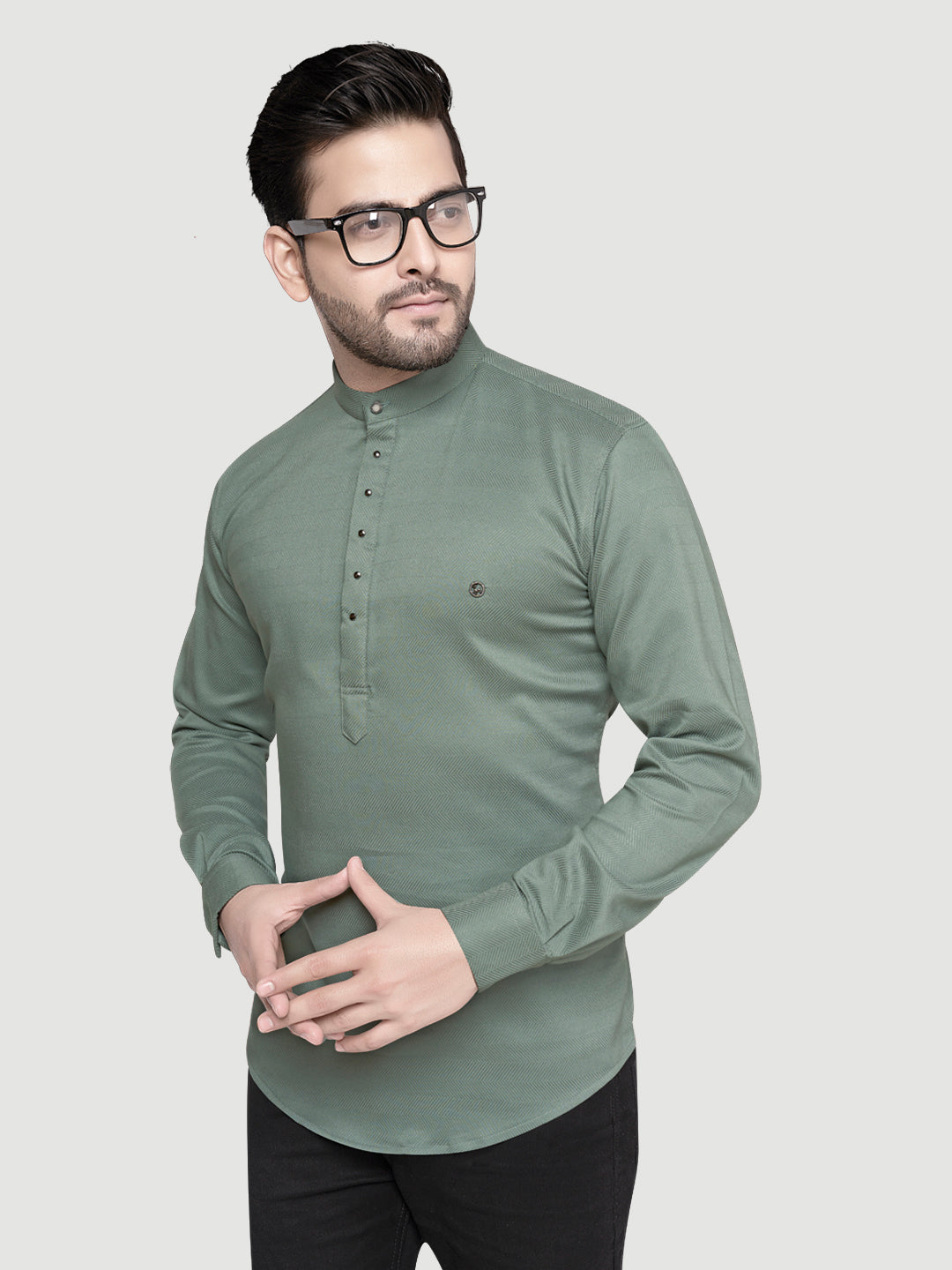 Black and White Shirts Men's Designer Short Kurta with Metal Buttons Teal Green