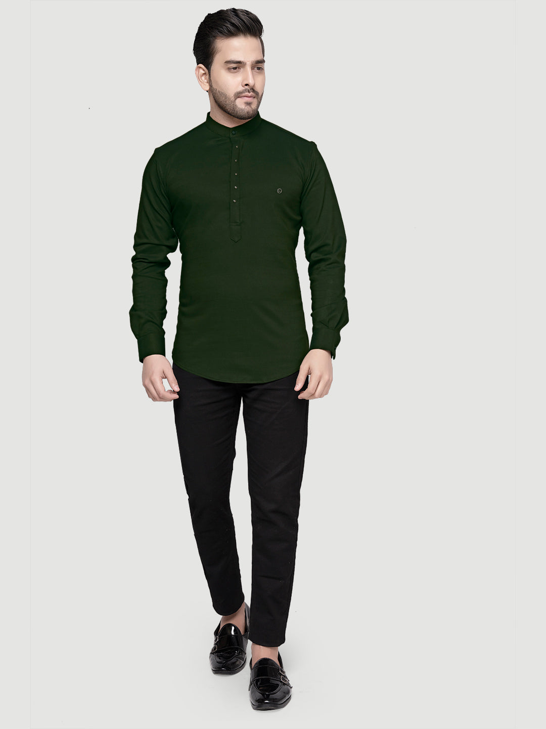 Black and White Shirts Men's Designer Short Kurta with Metal Buttons Seaweed