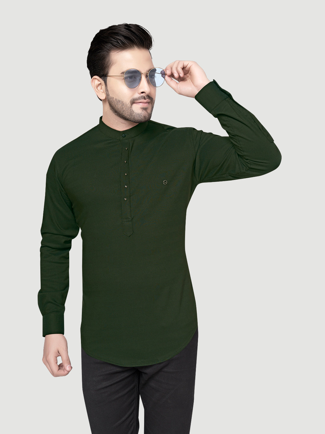 Black and White Shirts Men's Designer Short Kurta with Metal Buttons Seaweed