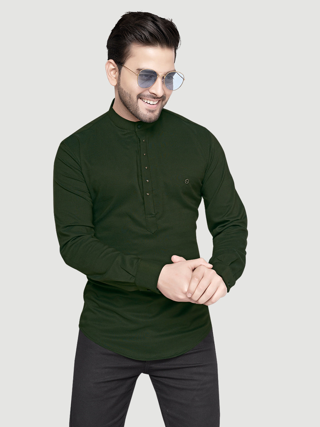 Black and White Shirts Men's Designer Short Kurta with Metal Buttons Seaweed