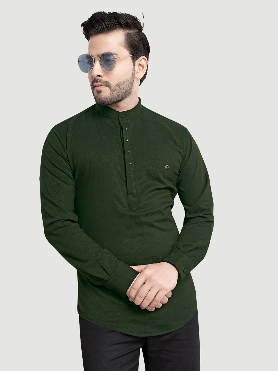 Black and White Shirts Men's Designer Short Kurta with Metal Buttons Seaweed