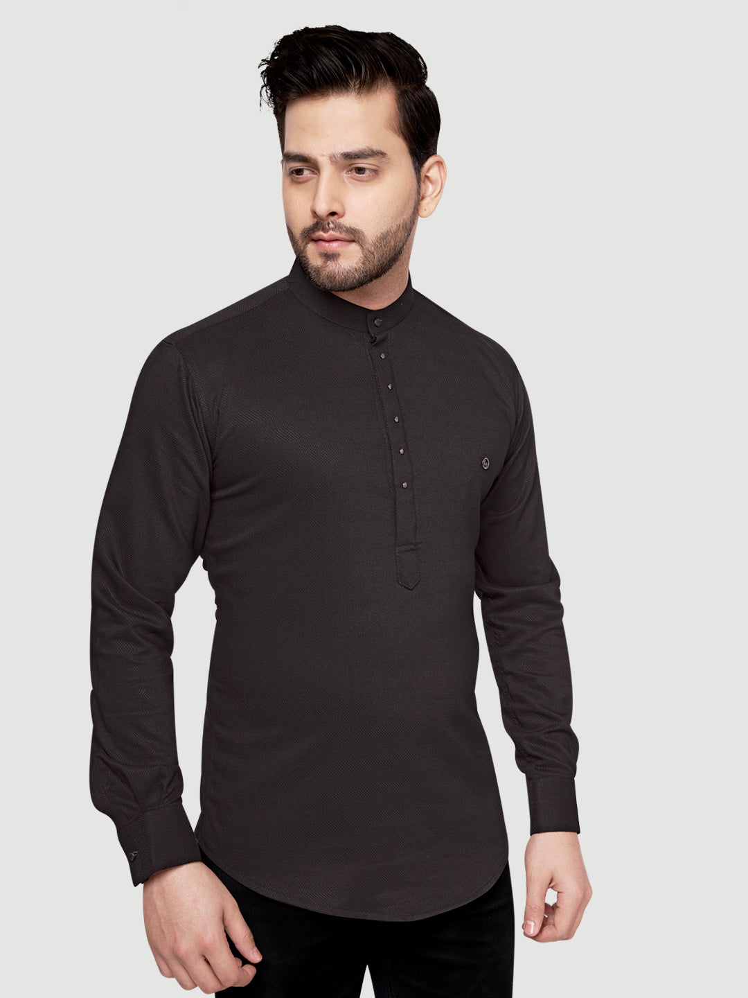 Black and White Shirts Men's Designer Short Kurta with Metal Buttons Black