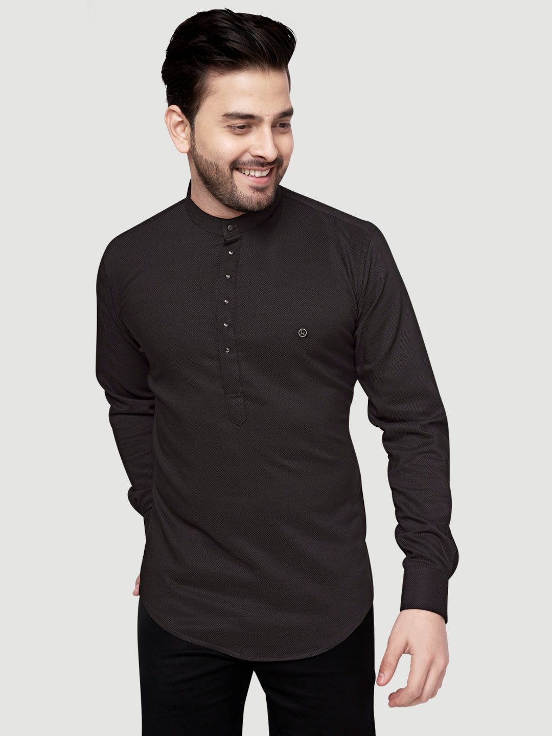 Black and White Shirts Men's Designer Short Kurta with Metal Buttons Black