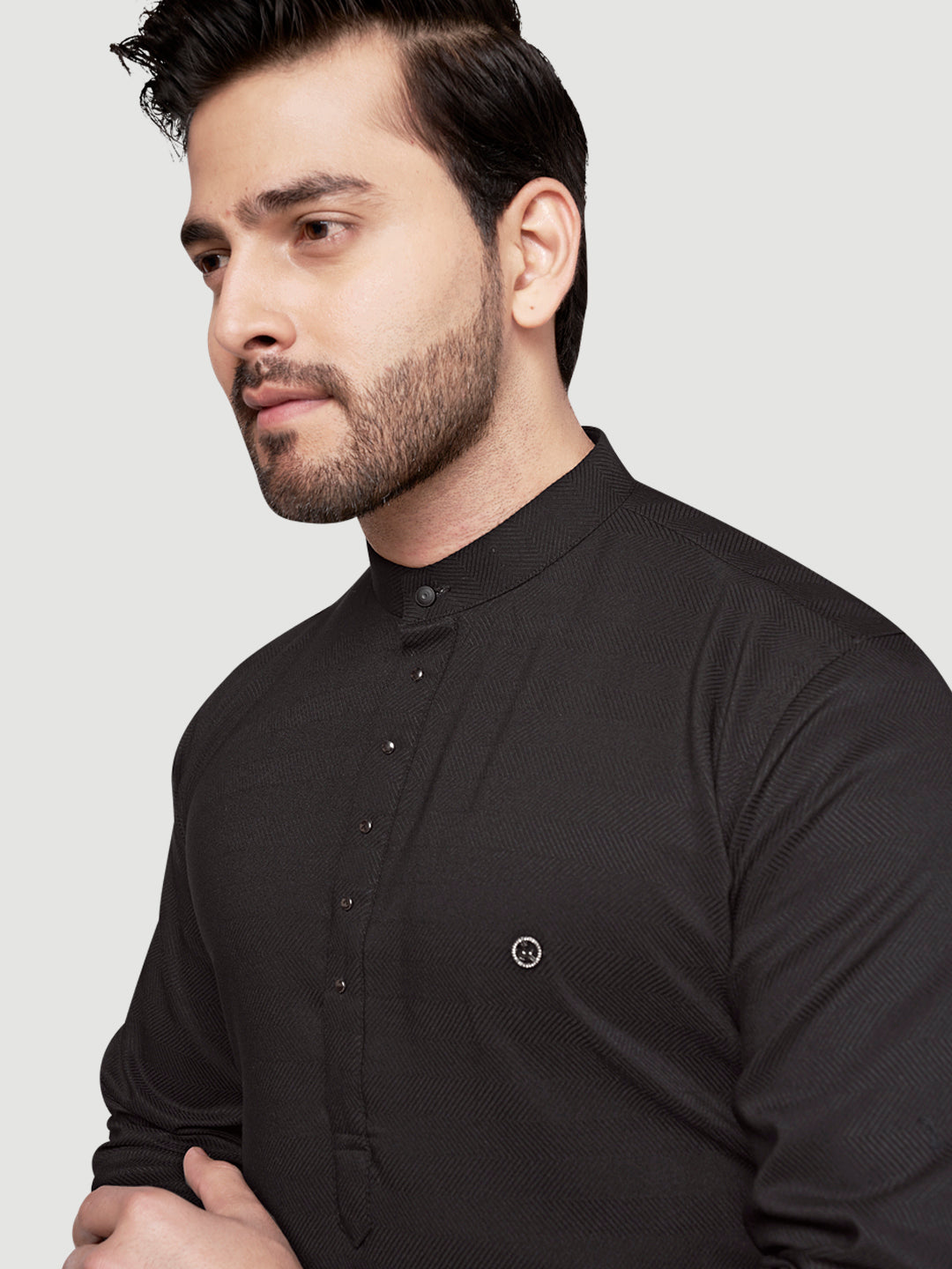 Black and White Shirts Men's Designer Short Kurta with Metal Buttons Black